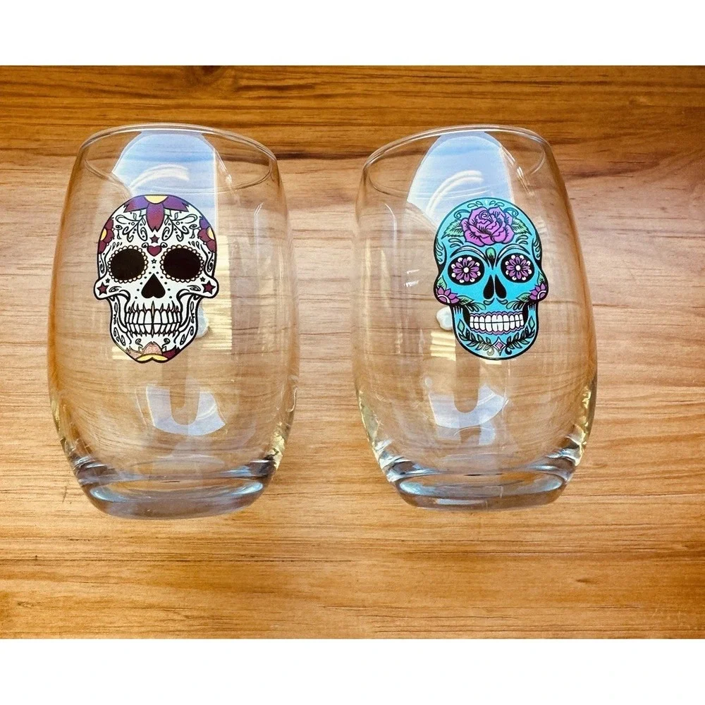 Stemless Wine Glass DAY OF THE DEAD Painted Scull 14 fl oz Set Of 2
